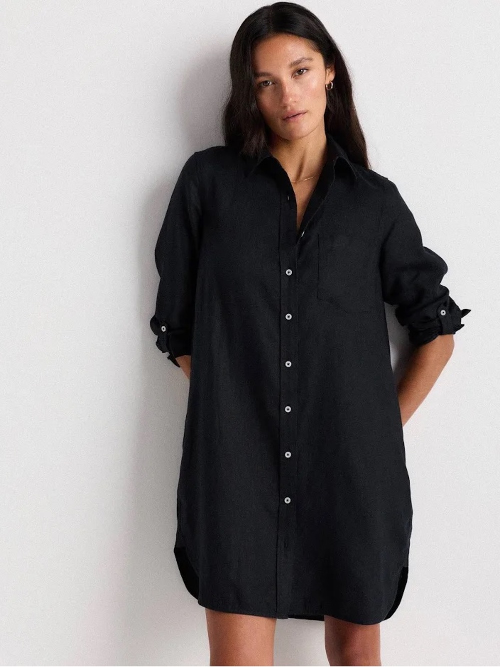 Quince Black Button-Front 100% Europen Linen Shirt Dress